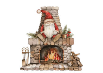 watercolor red fireplace with gnome t shirt design for sale