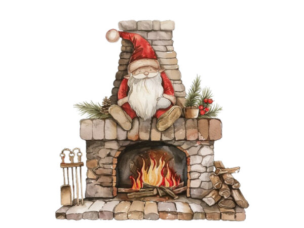 Watercolor red fireplace with gnome t shirt design for sale