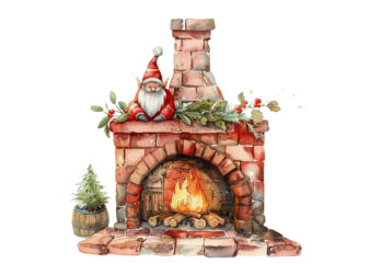 watercolor red fireplace with gnome