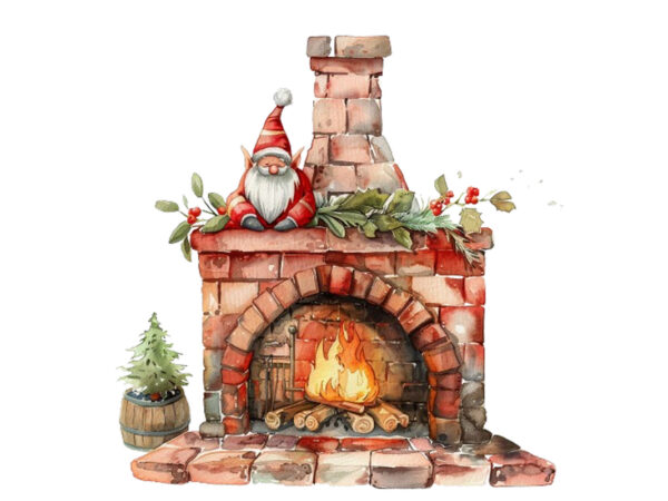 Watercolor red fireplace with gnome t shirt design for sale