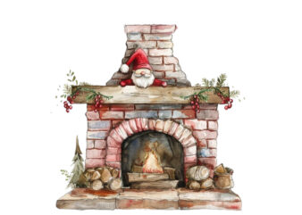 watercolor red fireplace with gnome