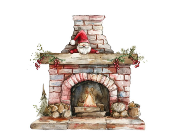 Watercolor red fireplace with gnome t shirt design for sale