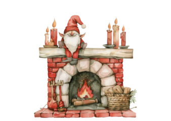 watercolor red fireplace with gnome