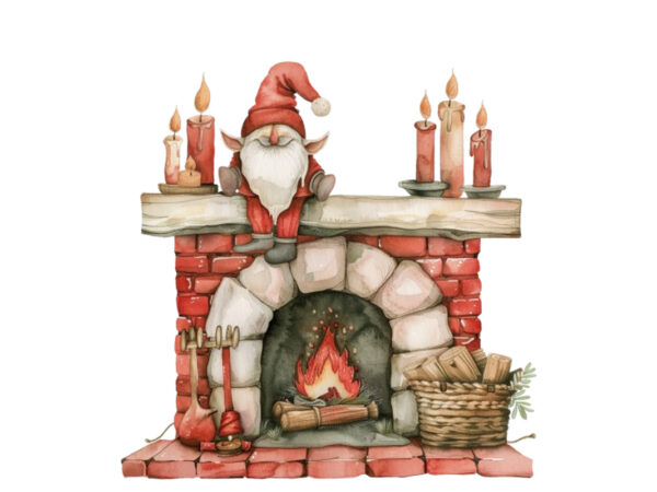 Watercolor red fireplace with gnome t shirt design for sale