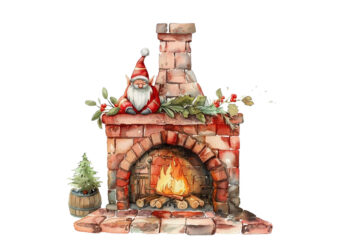 watercolor red fireplace with gnome