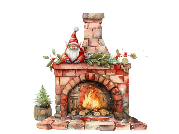 Watercolor red fireplace with gnome t shirt design for sale