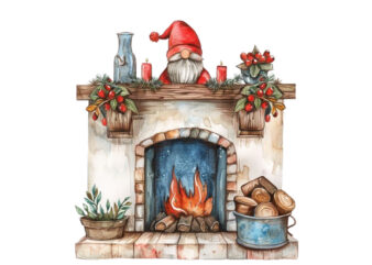 watercolor red fireplace with gnome t shirt design for sale