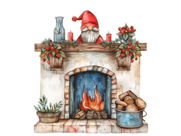 Watercolor red fireplace with gnome t shirt design for sale