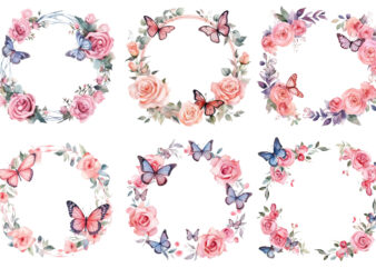 watercolor rose floral circle border butterfly clipart