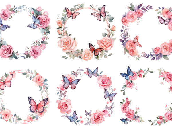 Watercolor rose floral circle border butterfly clipart t shirt design for sale