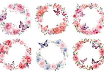 watercolor rose floral circle border butterfly clipart