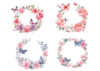 watercolor rose floral circle border butterfly clipart