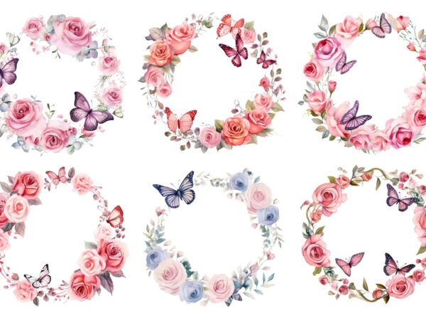 Watercolor rose floral circle border butterfly clipart t shirt design for sale