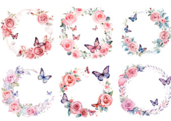 watercolor spiring rose floral circle border butterfly