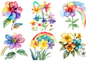 watercolor spring flower with rainbow clipart