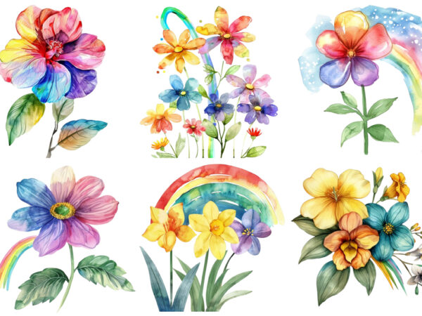 Watercolor spring flower with rainbow clipart t shirt design for sale