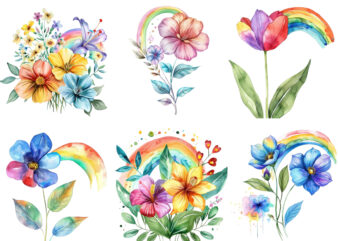 watercolor spring flower with rainbow clipart