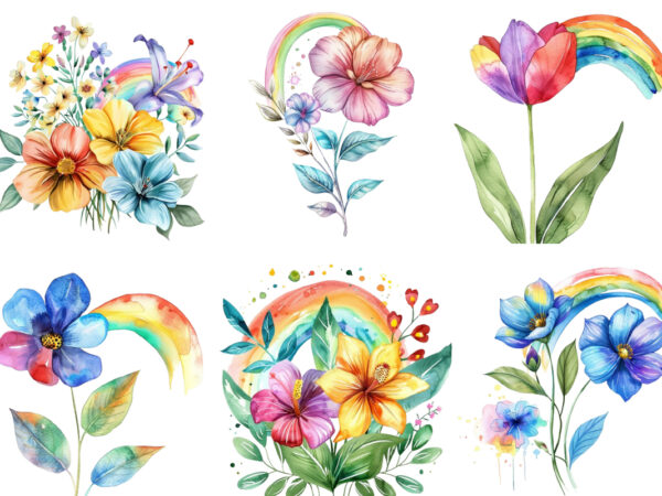 Watercolor spring flower with rainbow clipart t shirt design for sale