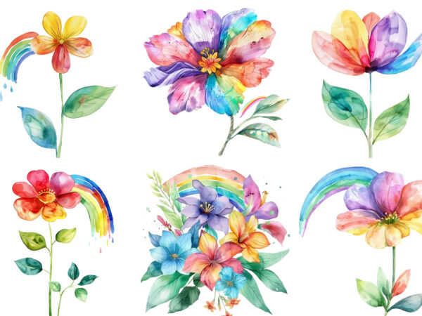 Watercolor spring flower with rainbow clipart t shirt design for sale