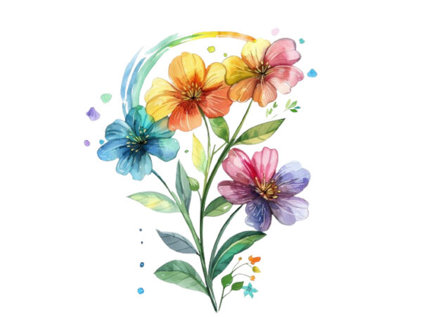 Watercolor spring flower with rainbow clipart t shirt design for sale