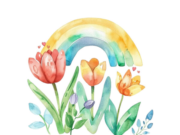 Watercolor spring flower with rainbow clipart t shirt design for sale