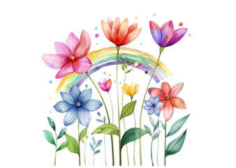 watercolor spring flower with rainbow clipart t shirt design for sale