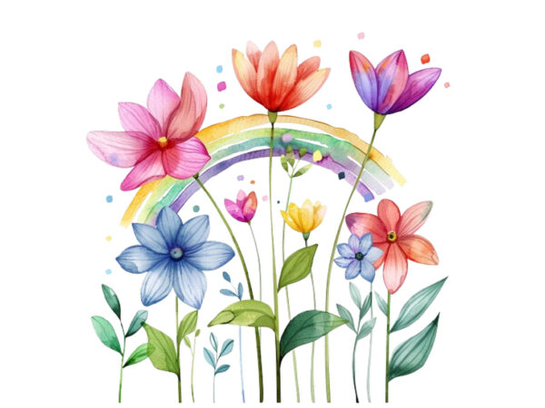 Watercolor spring flower with rainbow clipart t shirt design for sale