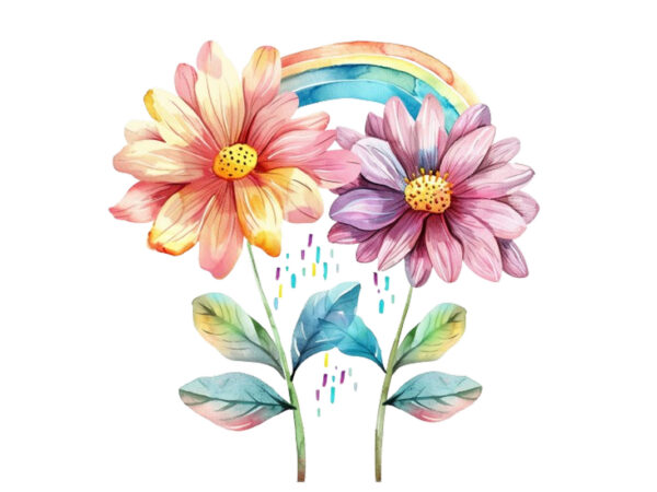 Watercolor spring flower with rainbow clipart t shirt design for sale