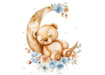 watercolor teddy in moon with flower clipart t shirt design for sale