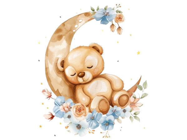 Watercolor teddy in moon with flower clipart t shirt design for sale