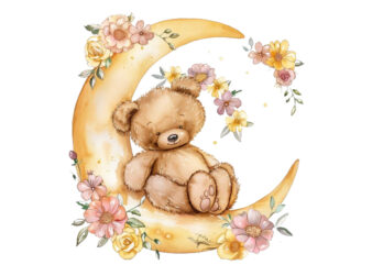 watercolor teddy in moon with flower clipart t shirt design for sale