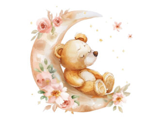 watercolor teddy in moon with flower clipart t shirt design for sale