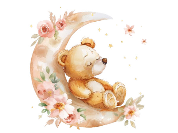 Watercolor teddy in moon with flower clipart t shirt design for sale