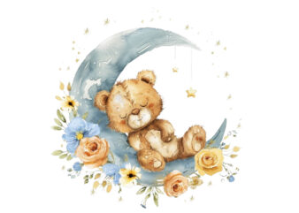 watercolor teddy in moon with flower clipart