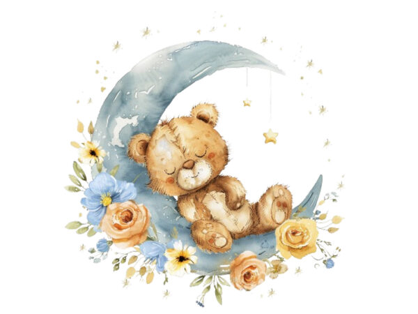 Watercolor teddy in moon with flower clipart t shirt design for sale