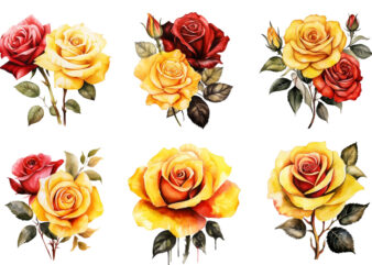 watercolor yellow white red and black rose clipart