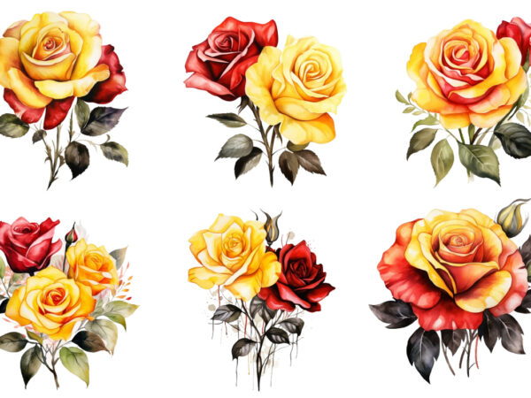 Watercolor yellow white red and black rose clipart t shirt design for sale