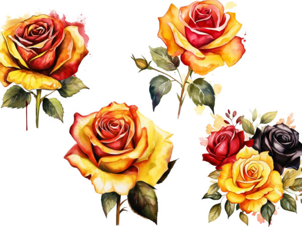 Watercolor yellow white red and black rose clipart t shirt design for sale