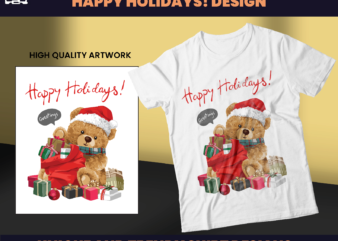 Bear Happy Holidays! Design , Christmas Design, Christmas holiday, teddy bear design, bear t-shirts, gift t-shirt, DTF, DTG