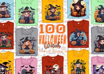 Retro Halloween Cartoon Witch Lady t-shirt design bundle of 100 designs – download instantly Retro Vintage Tshirt Illustration Clipart Bunde