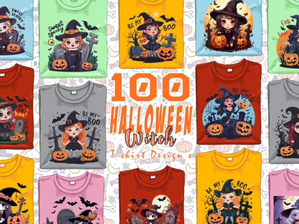 Retro halloween cartoon witch lady t-shirt design bundle of 100 designs – download instantly retro vintage tshirt illustration clipart bunde