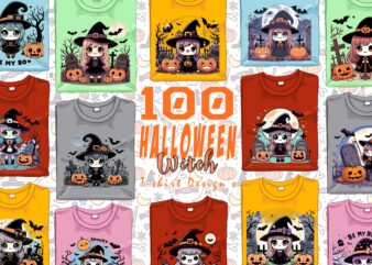 100 designs mega bundle of Retro Halloween Cartoon Witch Lady t-shirt design bundle