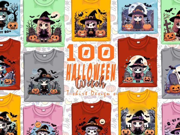 100 designs mega bundle of retro halloween cartoon witch lady t-shirt design bundle