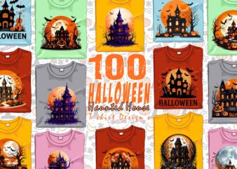 100 Halloween Haunted House t-shirt design bundle of 100 designs – download instantly Retro Vintage T-shirt Illustration Clipart Bundle