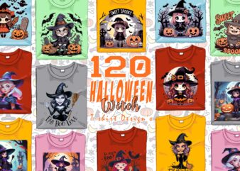 120 Colourful Halloween Cartoon Witch Party t-shirt design bundle