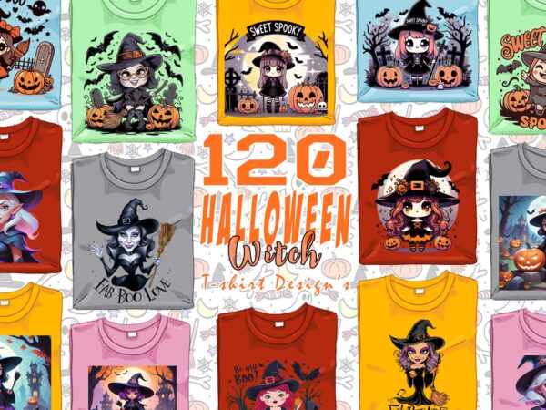 120 colourful halloween cartoon witch party t-shirt design bundle