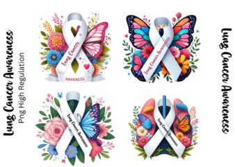 4 Lung Cancer Awareness Ribbon with butterfly Heart T-Shirt design Png