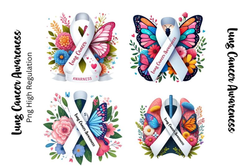 4 Lung Cancer Awareness Ribbon with butterfly Heart T-Shirt design Png