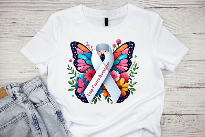 4 Lung Cancer Awareness Ribbon with butterfly Heart T-Shirt design Png