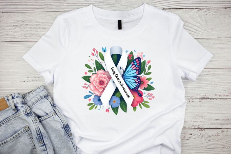 4 Lung Cancer Awareness Ribbon with butterfly Heart T-Shirt design Png